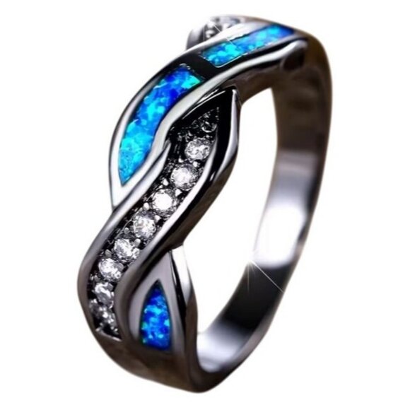 Blue Ethiopian Fire Opal eternity band wedding ring set with CZ set in Rhodium - Picture 2 of 5